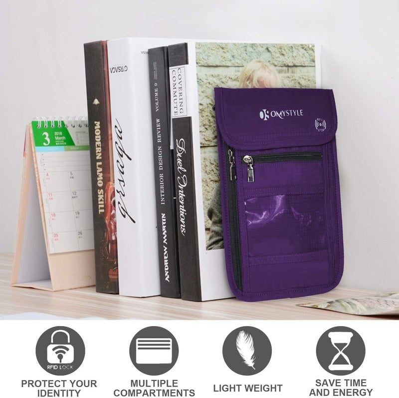 OMYSTYLE Neck Wallet, RFID Passport Holder for Travel, Adjustable Neck Strap, Waterproof Neck Pouch for Men & Women to Keep Cash, Credit Cards and Documents Safe, Purple (8x6) - Image 2